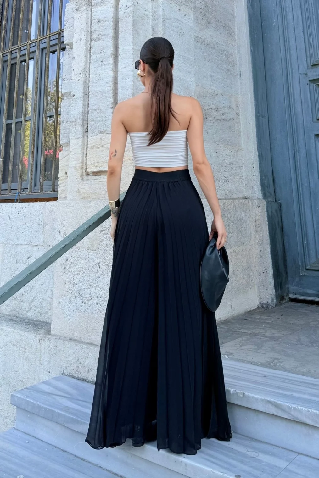 Beli Lastikli Pliseli Şifon Pantolon 6030-Siyah