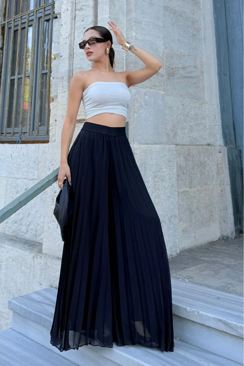 Beli Lastikli Pliseli Şifon Pantolon 6030-Siyah