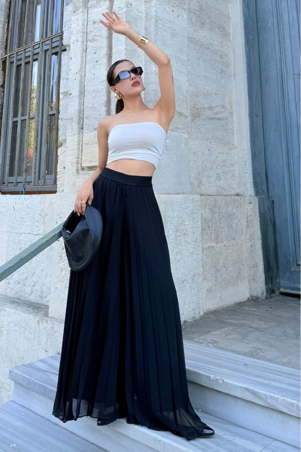 Beli Lastikli Pliseli Şifon Pantolon 6030-Siyah