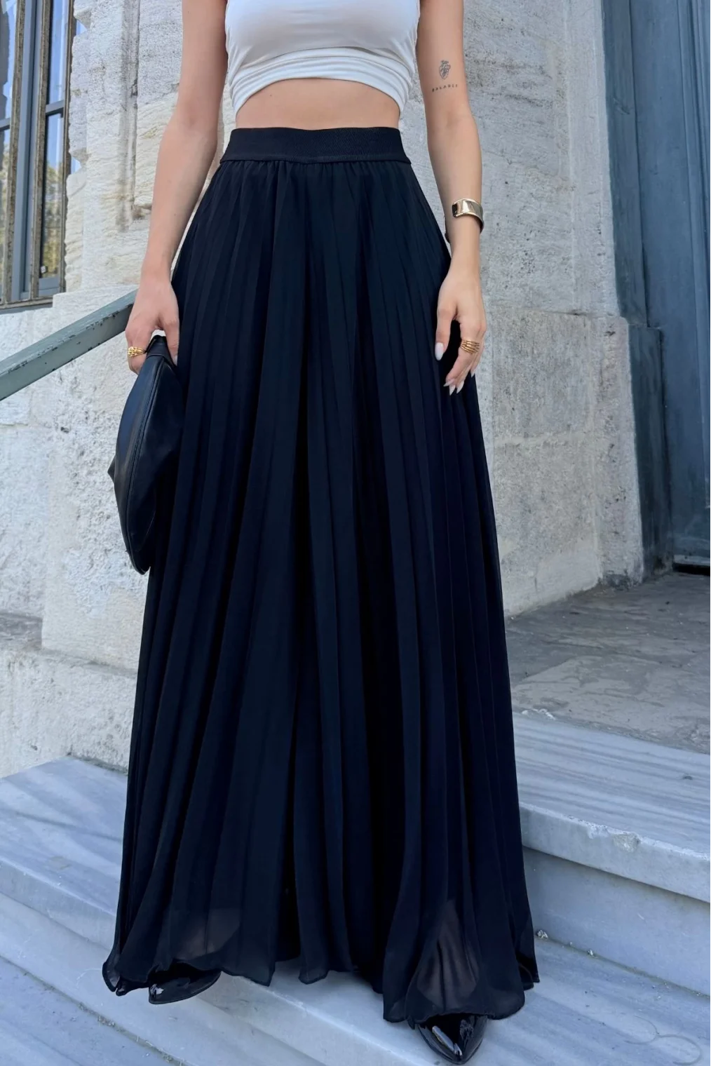 Beli Lastikli Pliseli Şifon Pantolon 6030-Siyah