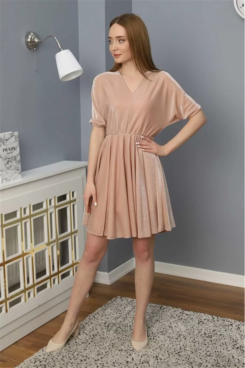 Beli Lastikli V Yaka Elbise 1765 Pudra