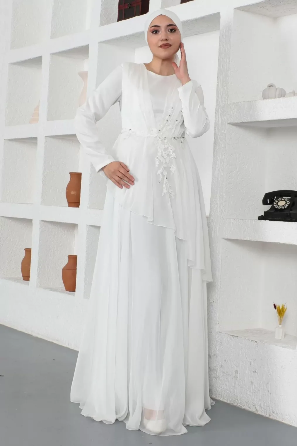 Boncuk Detaylı Tesettür Abiye Elbise 759-Beyaz