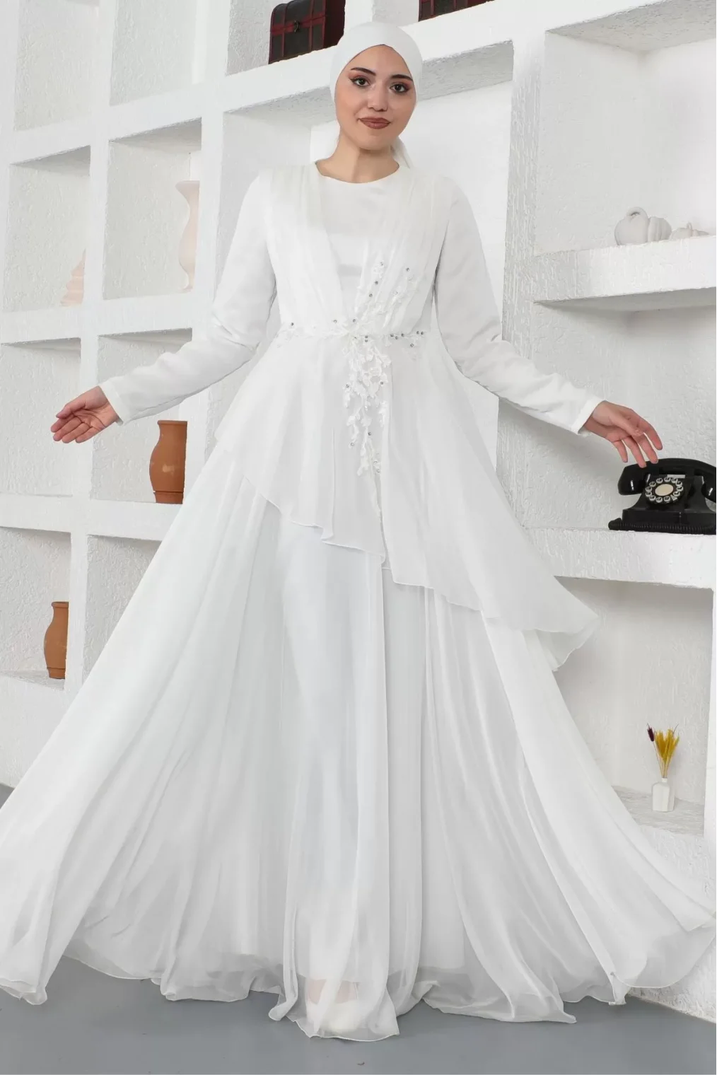 Boncuk Detaylı Tesettür Abiye Elbise 759-Beyaz