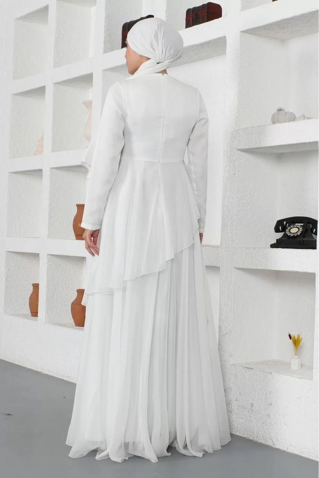 Boncuk Detaylı Tesettür Abiye Elbise 759-Beyaz