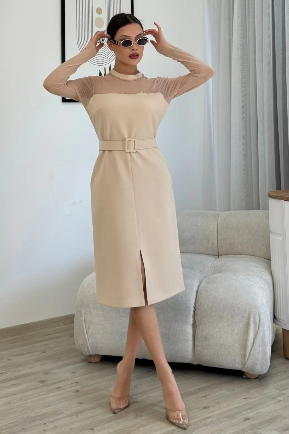 Boncuk İşlemeli Kemerli Abiye Elbise 6013-Bej