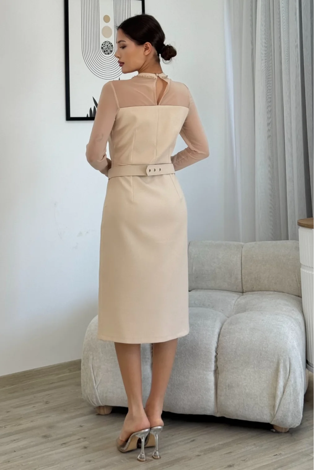 Boncuk İşlemeli Kemerli Abiye Elbise 6013-Bej