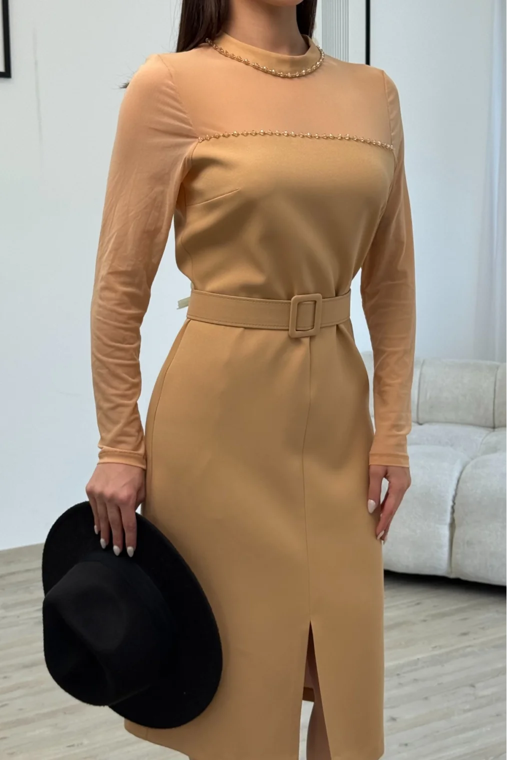 Boncuk İşlemeli Kemerli Abiye Elbise 6013-Camel