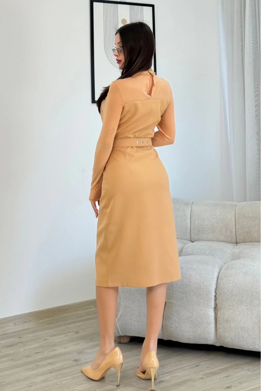 Boncuk İşlemeli Kemerli Abiye Elbise 6013-Camel