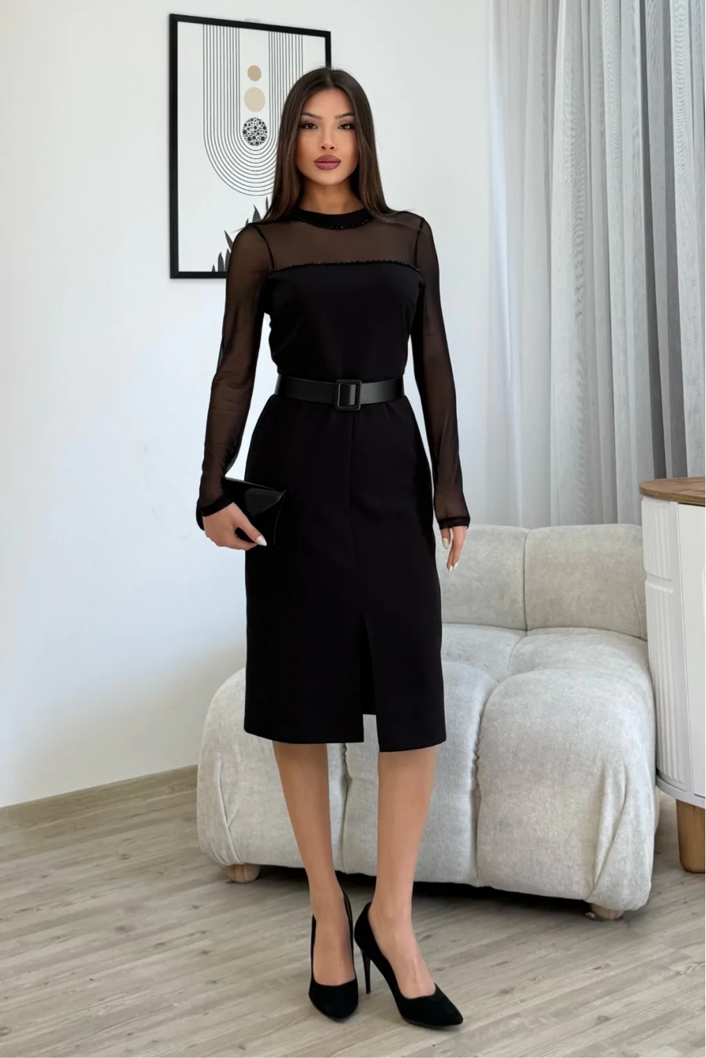 Boncuk İşlemeli Kemerli Abiye Elbise 6013-Siyah