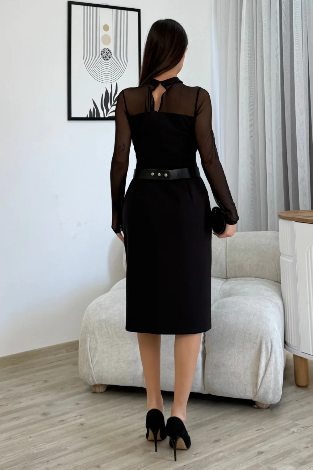 Boncuk İşlemeli Kemerli Abiye Elbise 6013-Siyah