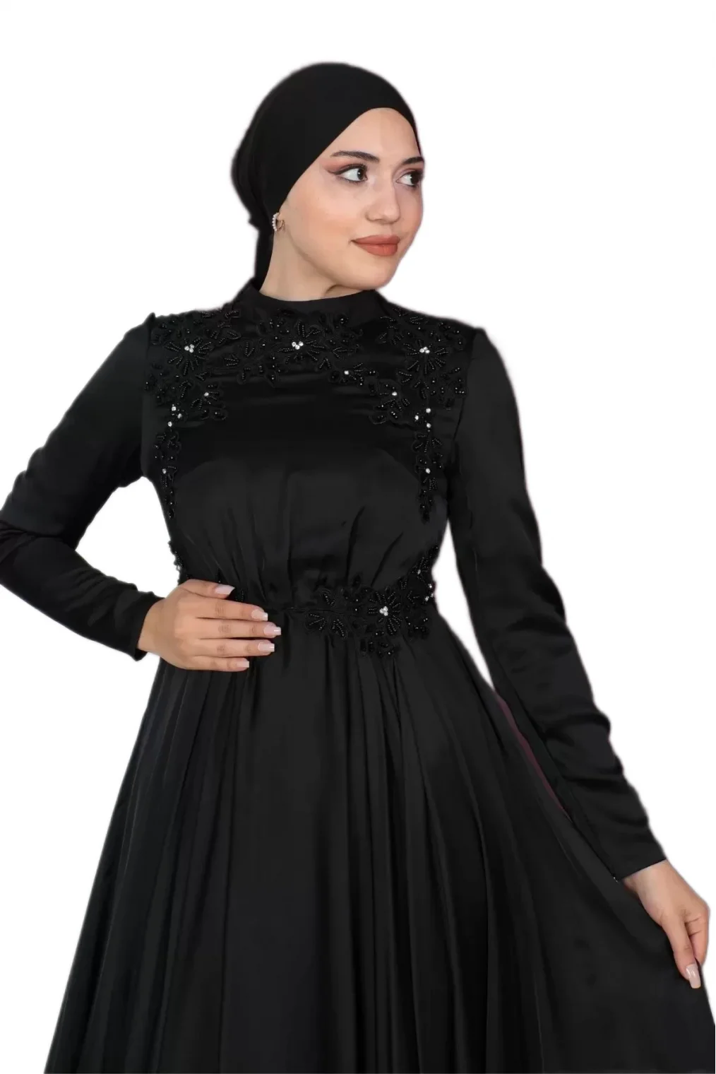 Boncuk İşlemeli Saten Tesettür Abiye Elbise 706-Siyah