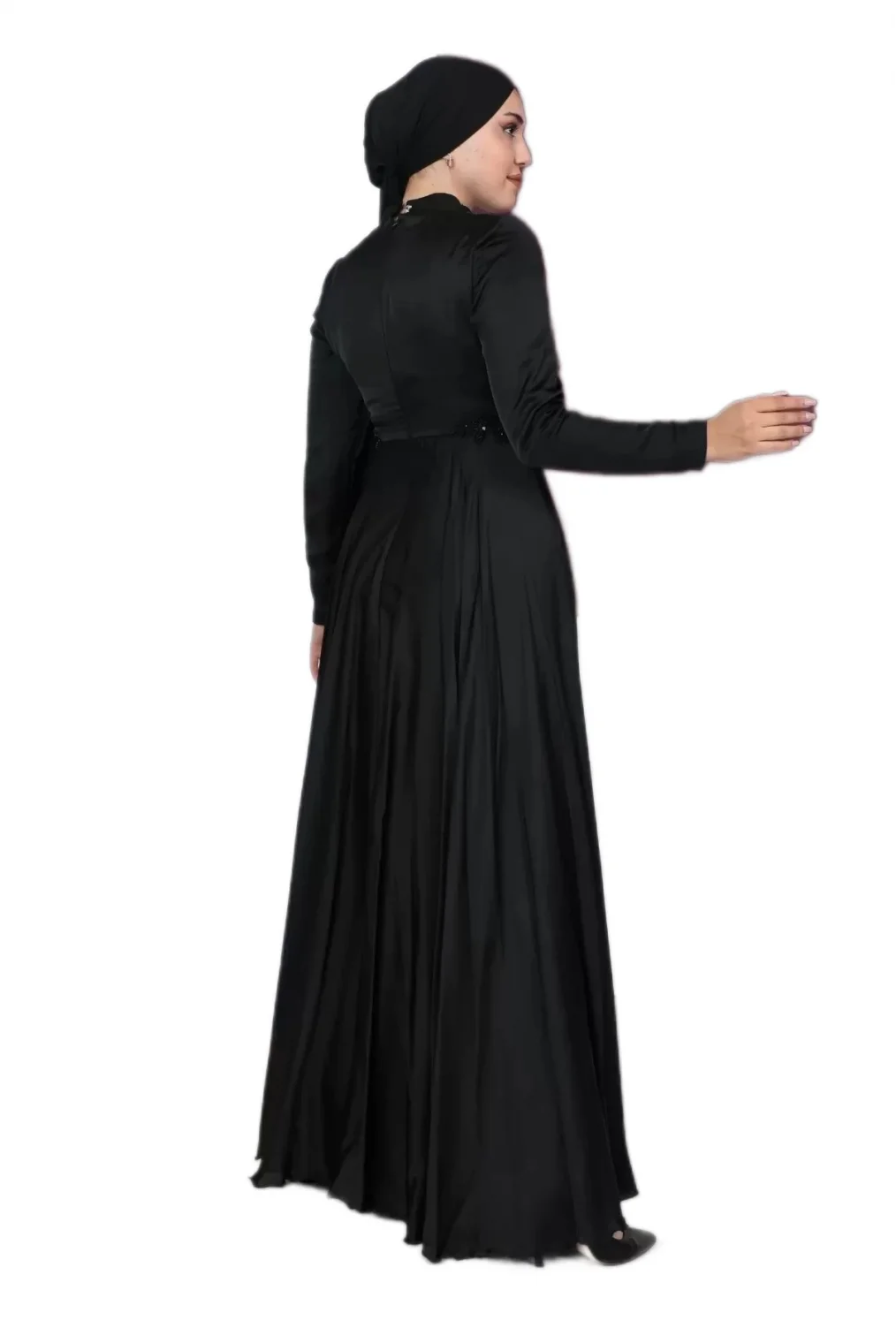 Boncuk İşlemeli Saten Tesettür Abiye Elbise 706-Siyah