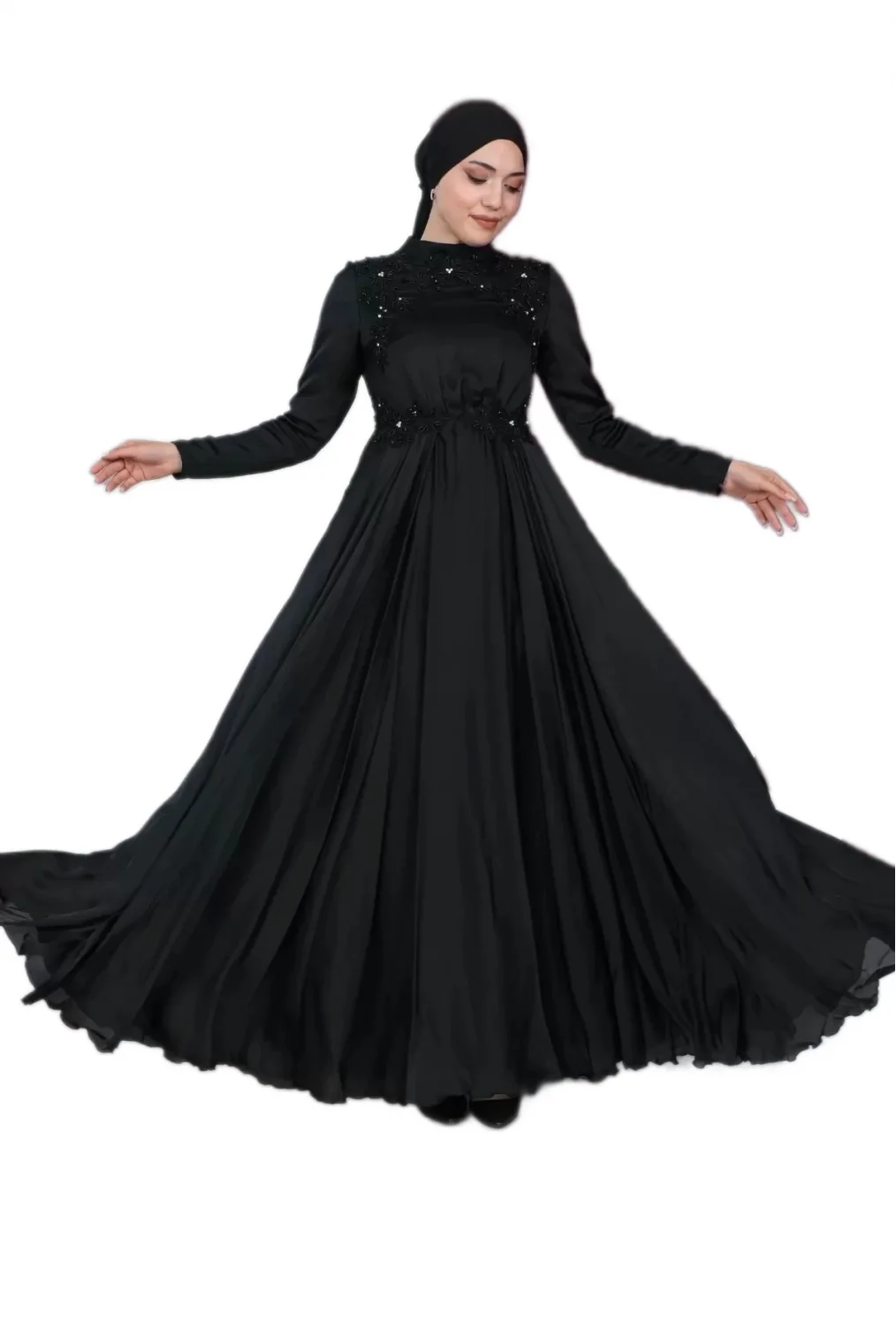 Boncuk İşlemeli Saten Tesettür Abiye Elbise 706-Siyah