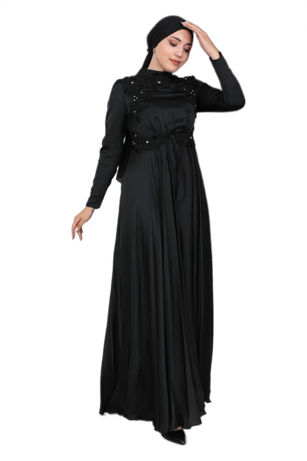 Boncuk İşlemeli Saten Tesettür Abiye Elbise 706-Siyah