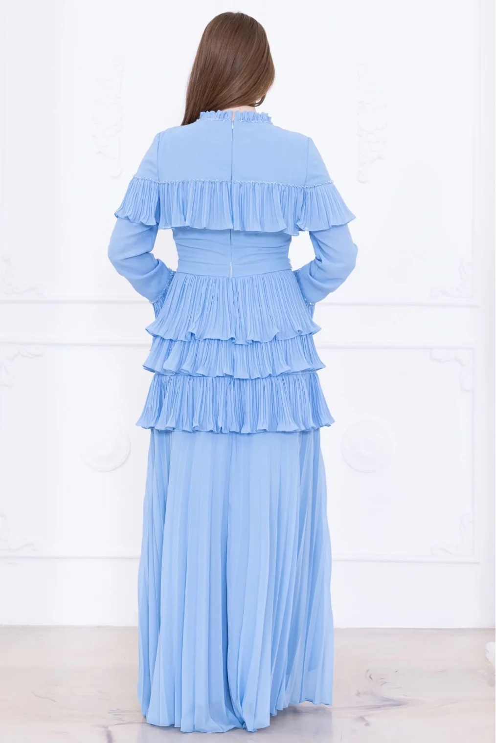 Boncuk İşlemeli ve Pliseli Kat Kat Abiye Elbise 2749-Bebe Mavisi