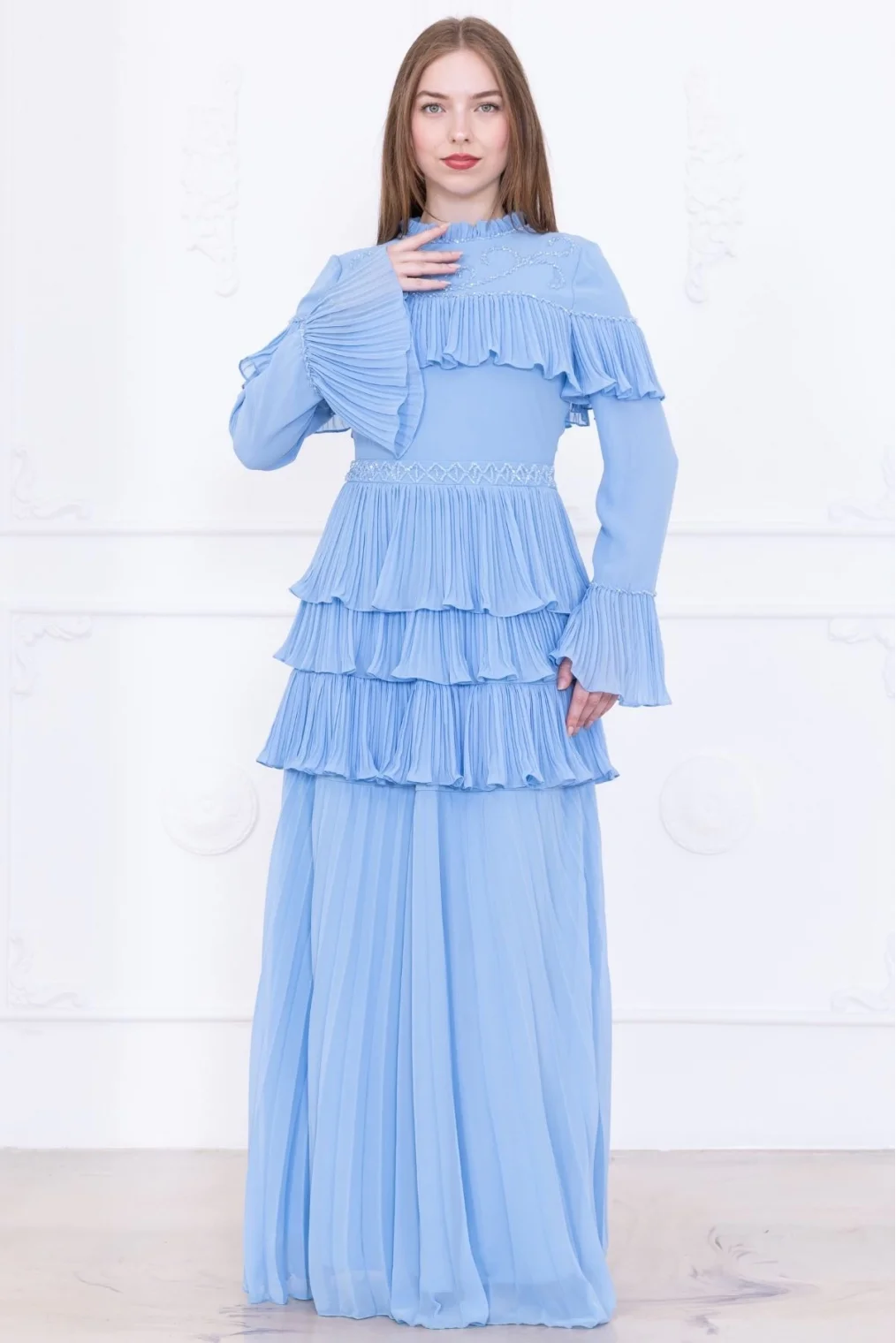 Boncuk İşlemeli ve Pliseli Kat Kat Abiye Elbise 2749-Bebe Mavisi