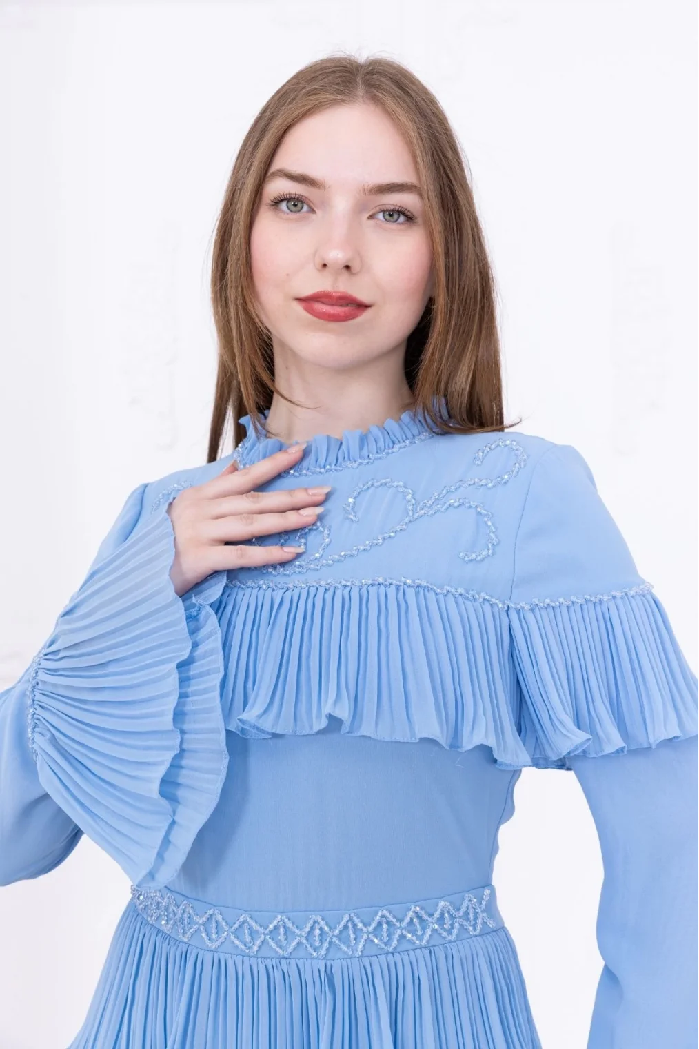 Boncuk İşlemeli ve Pliseli Kat Kat Abiye Elbise 2749-Bebe Mavisi