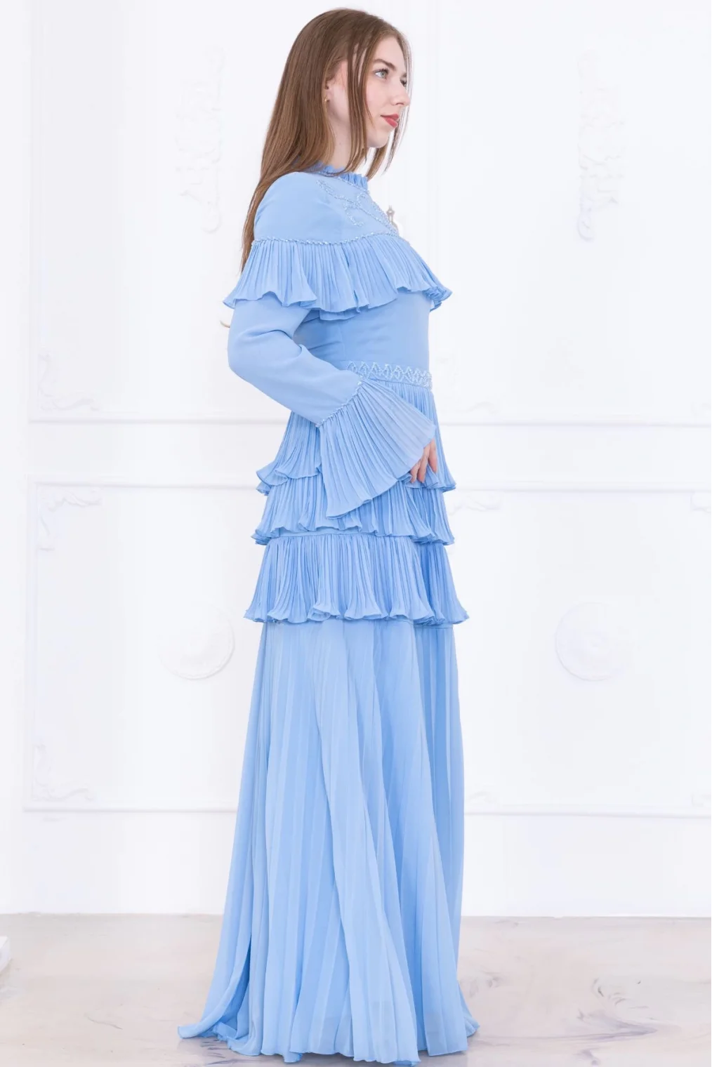 Boncuk İşlemeli ve Pliseli Kat Kat Abiye Elbise 2749-Bebe Mavisi