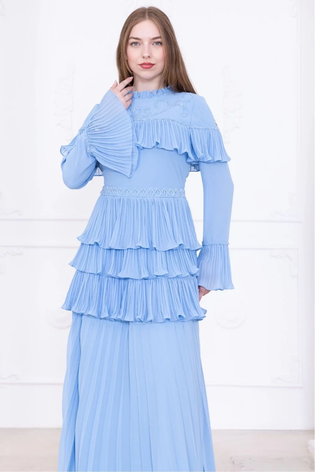 Boncuk İşlemeli ve Pliseli Kat Kat Abiye Elbise 2749-Bebe Mavisi