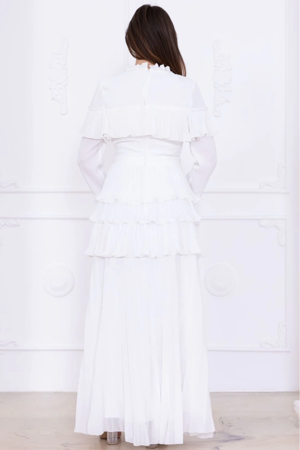 Boncuk İşlemeli ve Pliseli Kat Kat Abiye Elbise 2749-Beyaz