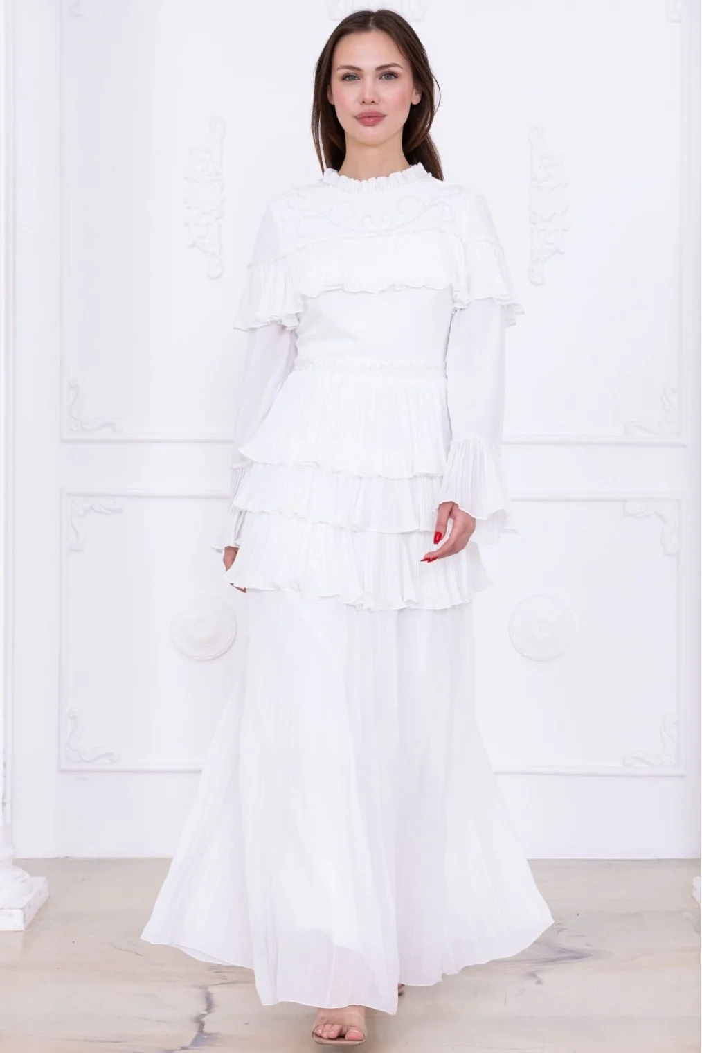 Boncuk İşlemeli ve Pliseli Kat Kat Abiye Elbise 2749-Beyaz