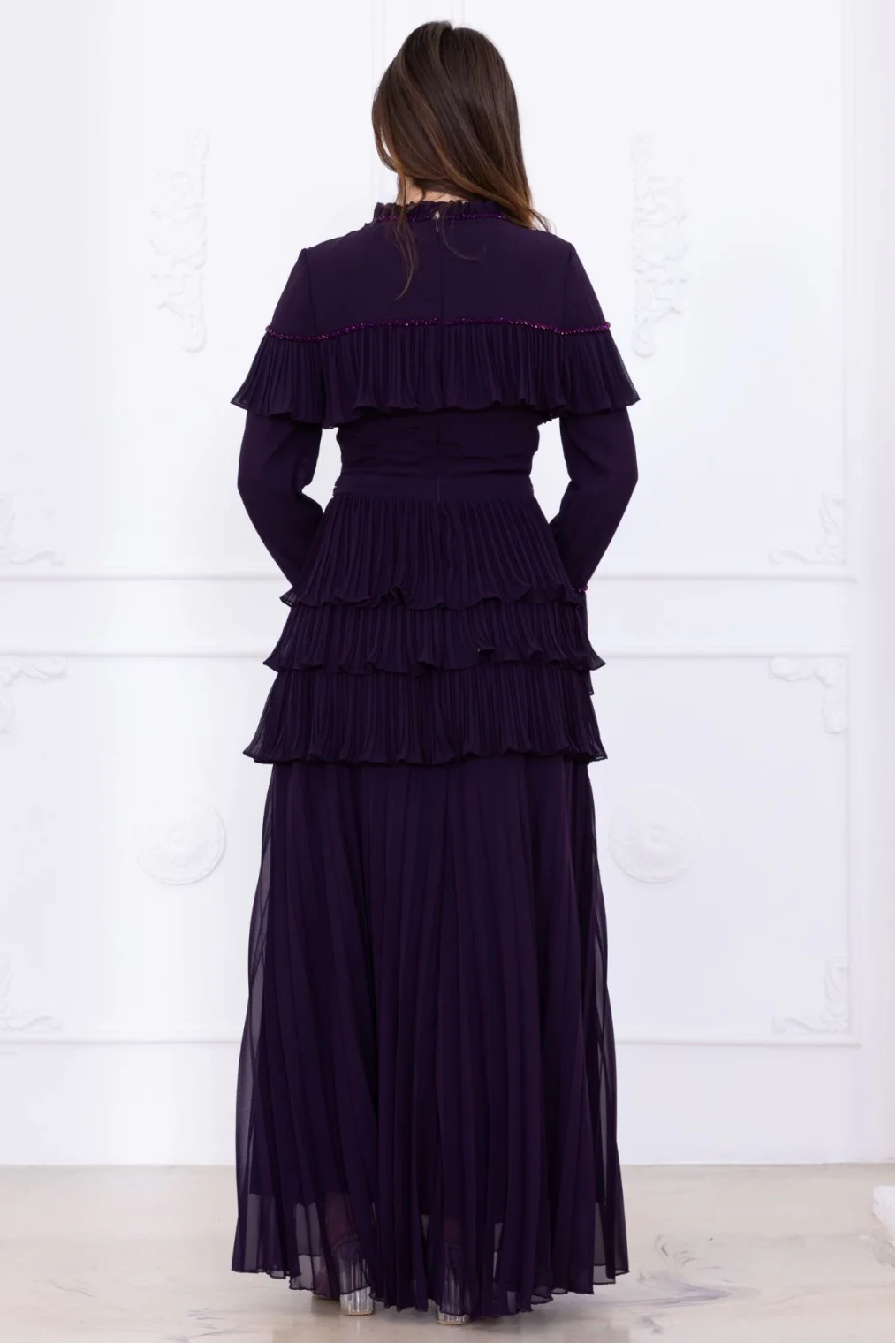 Boncuk İşlemeli ve Pliseli Kat Kat Abiye Elbise 2749-Mürdüm