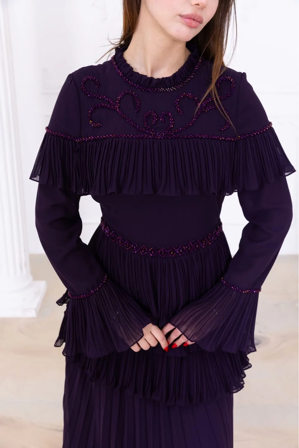 Boncuk İşlemeli ve Pliseli Kat Kat Abiye Elbise 2749-Mürdüm