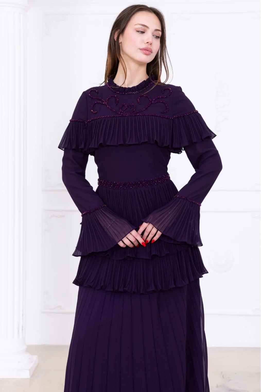 Boncuk İşlemeli ve Pliseli Kat Kat Abiye Elbise 2749-Mürdüm