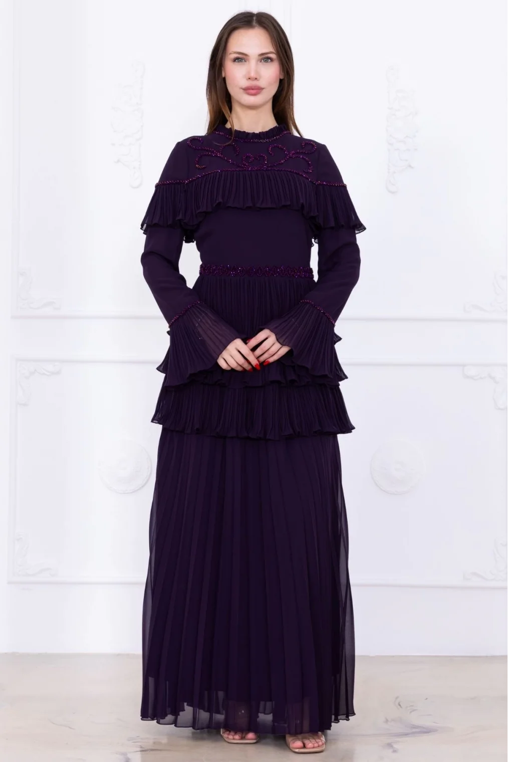 Boncuk İşlemeli ve Pliseli Kat Kat Abiye Elbise 2749-Mürdüm