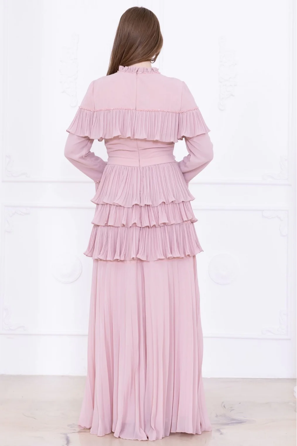 Boncuk İşlemeli ve Pliseli Kat Kat Abiye Elbise 2749-Pudra