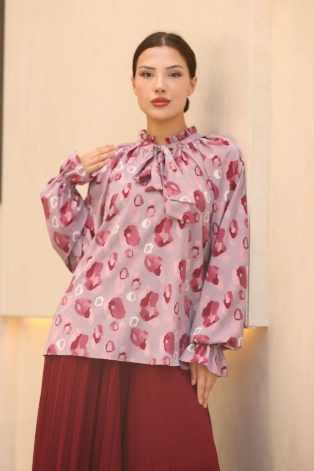 Bağlama Detaylı Büzgülü Bluz 6028-Lila/Bordo