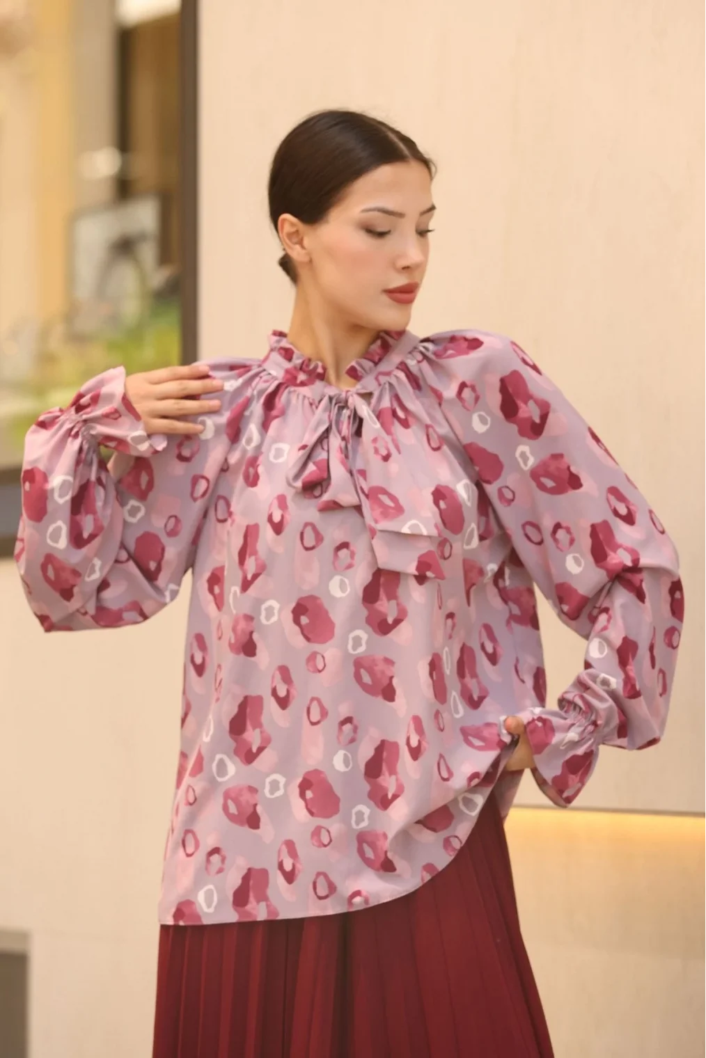 Bağlama Detaylı Büzgülü Bluz 6028-Lila/Bordo