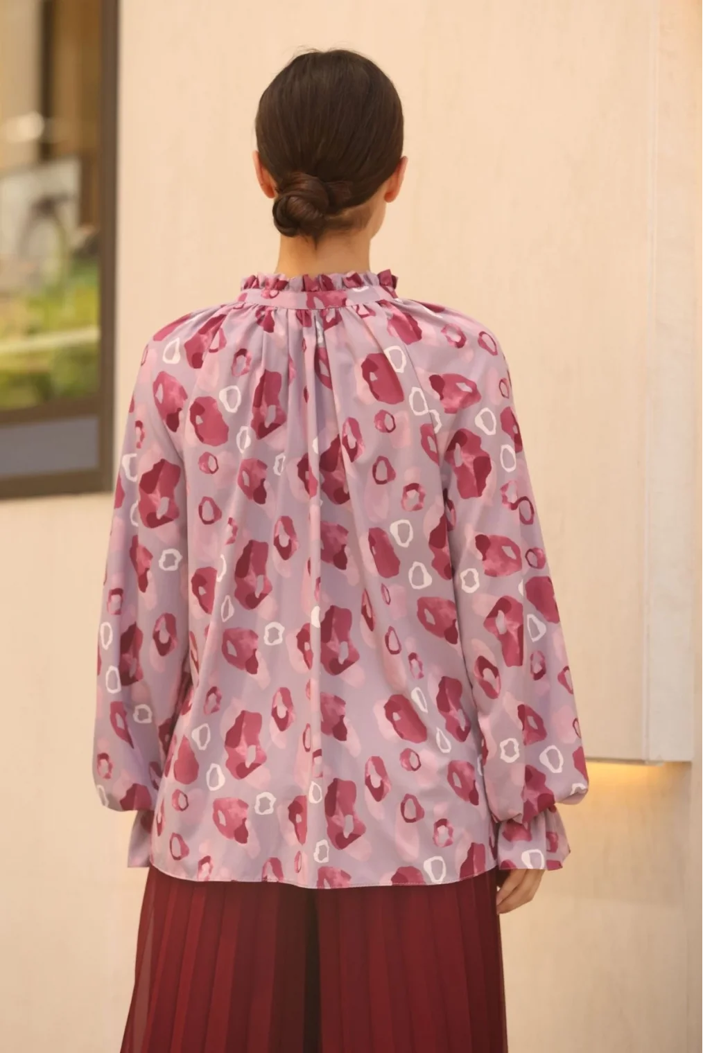 Bağlama Detaylı Büzgülü Bluz 6028-Lila/Bordo