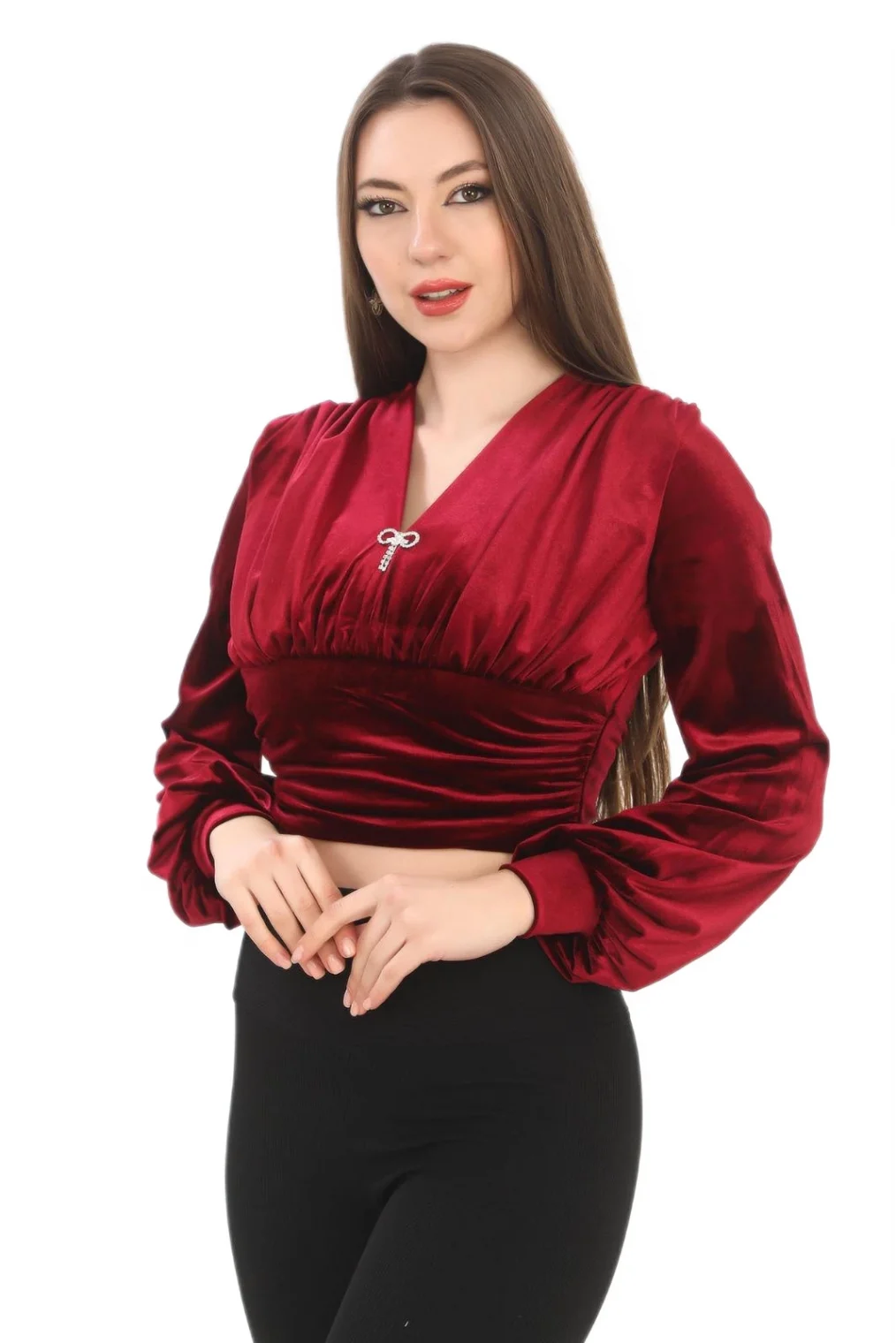 Broş Detaylı Kadife Crop 6007-Bordo