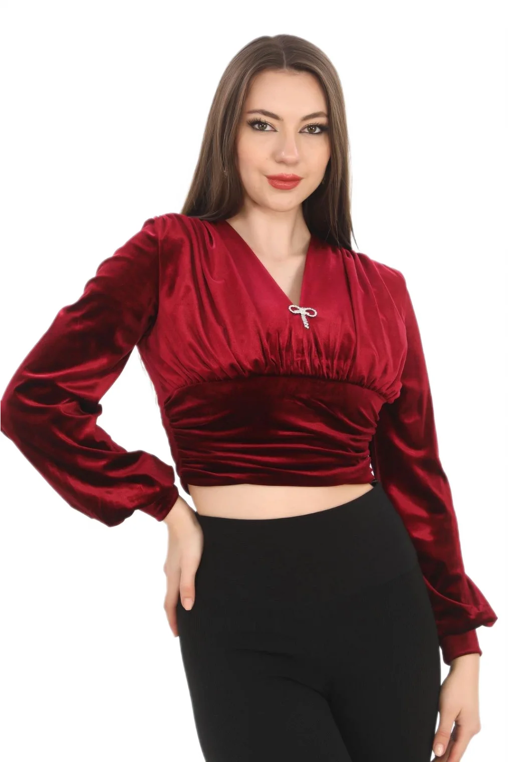 Broş Detaylı Kadife Crop 6007-Bordo