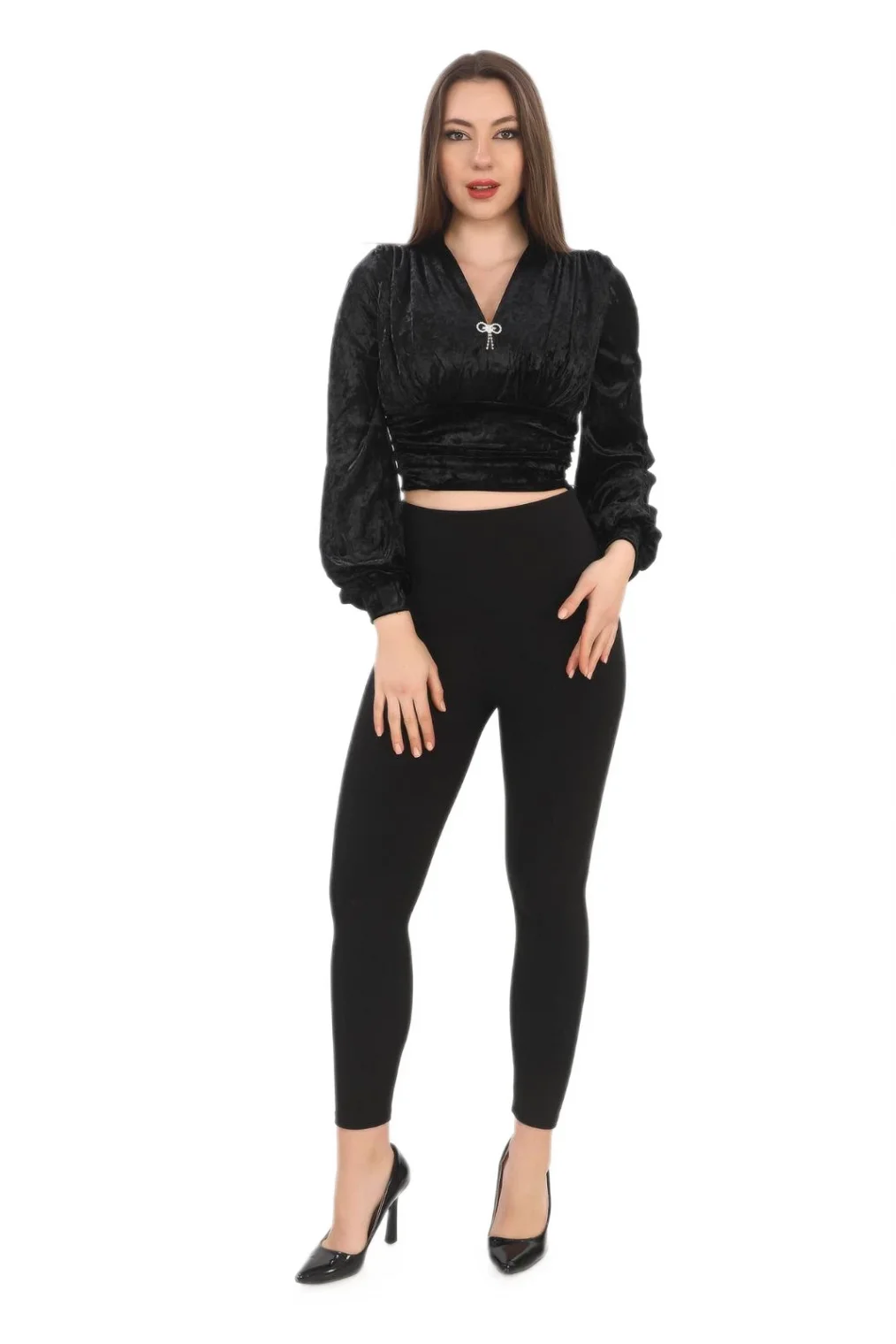 Broş Detaylı Kadife Crop 6007-Siyah