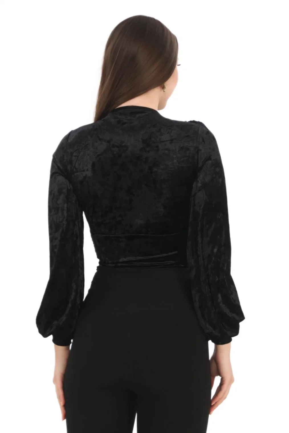 Broş Detaylı Kadife Crop 6007-Siyah