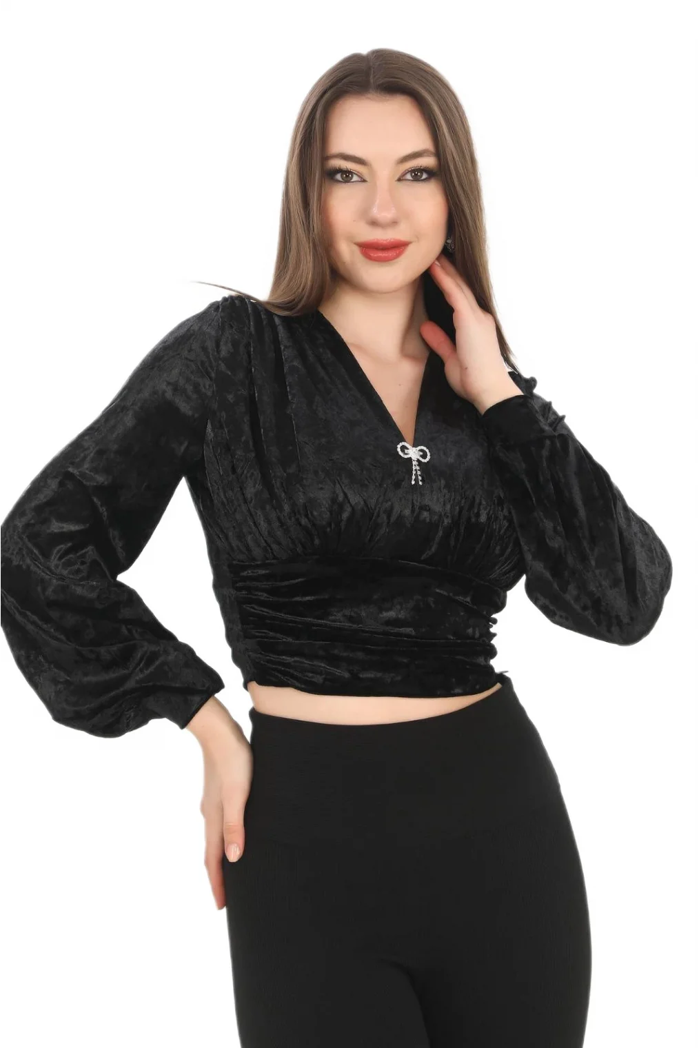 Broş Detaylı Kadife Crop 6007-Siyah