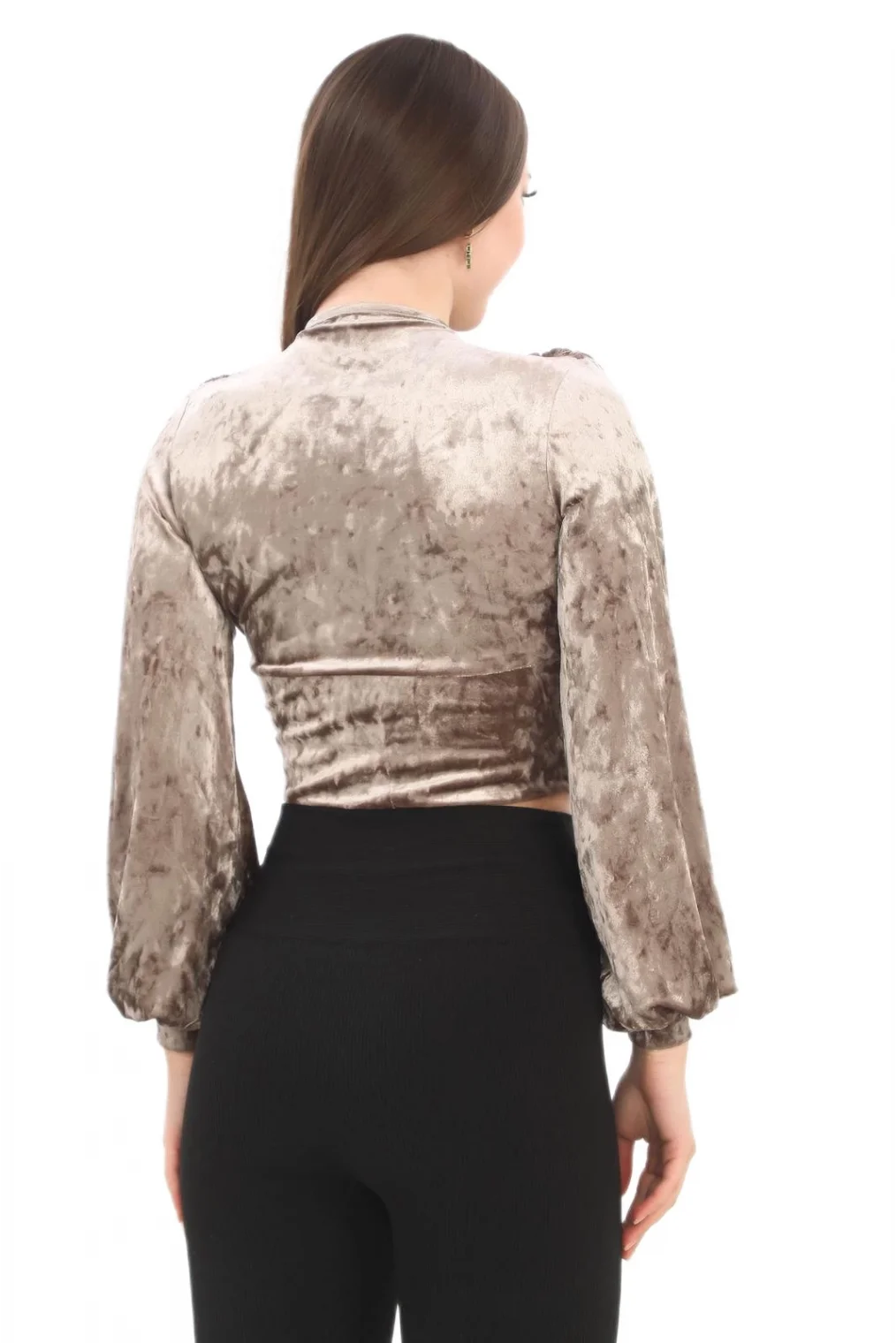 Broş Detaylı Kadife Crop 6007-Vizon