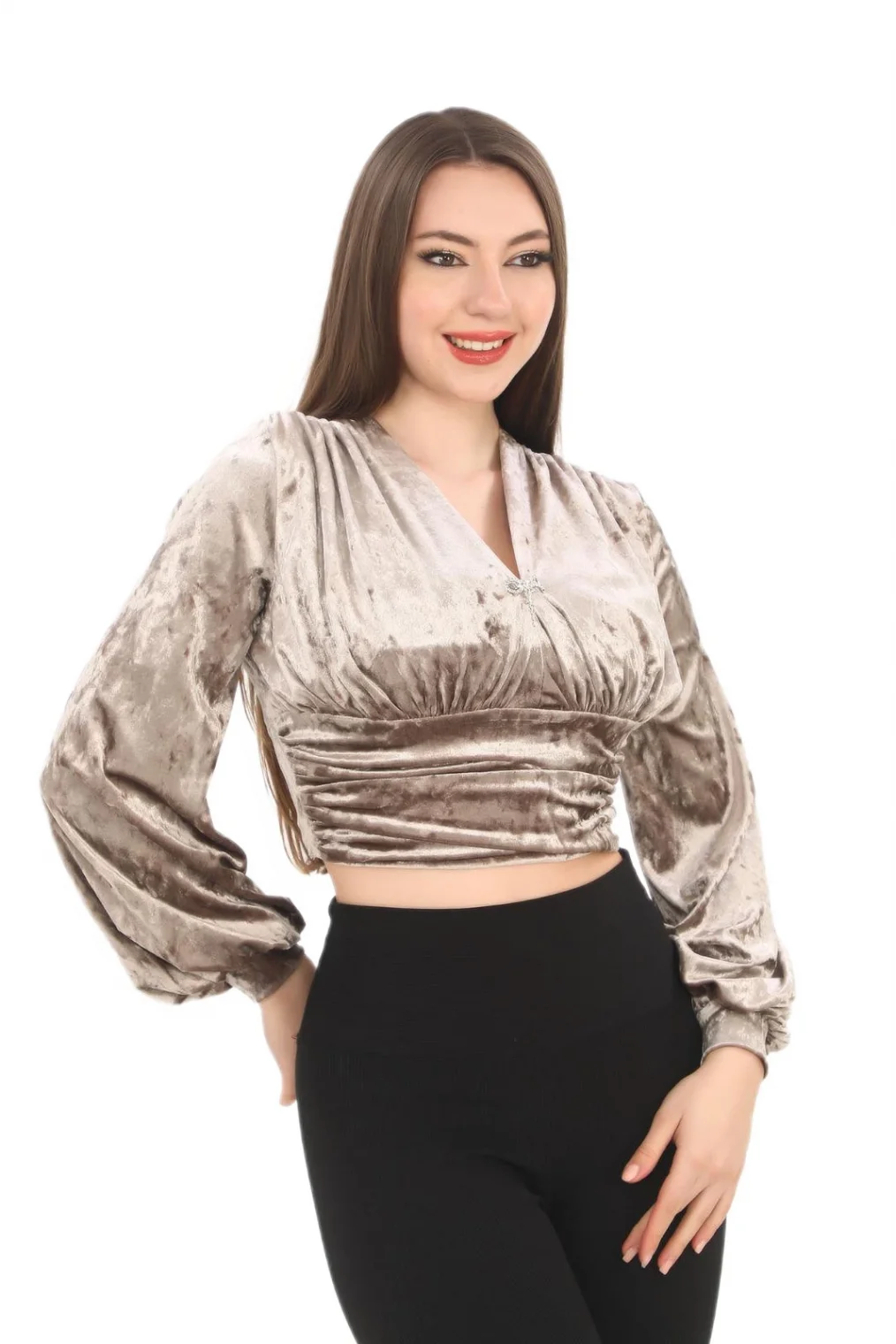 Broş Detaylı Kadife Crop 6007-Vizon