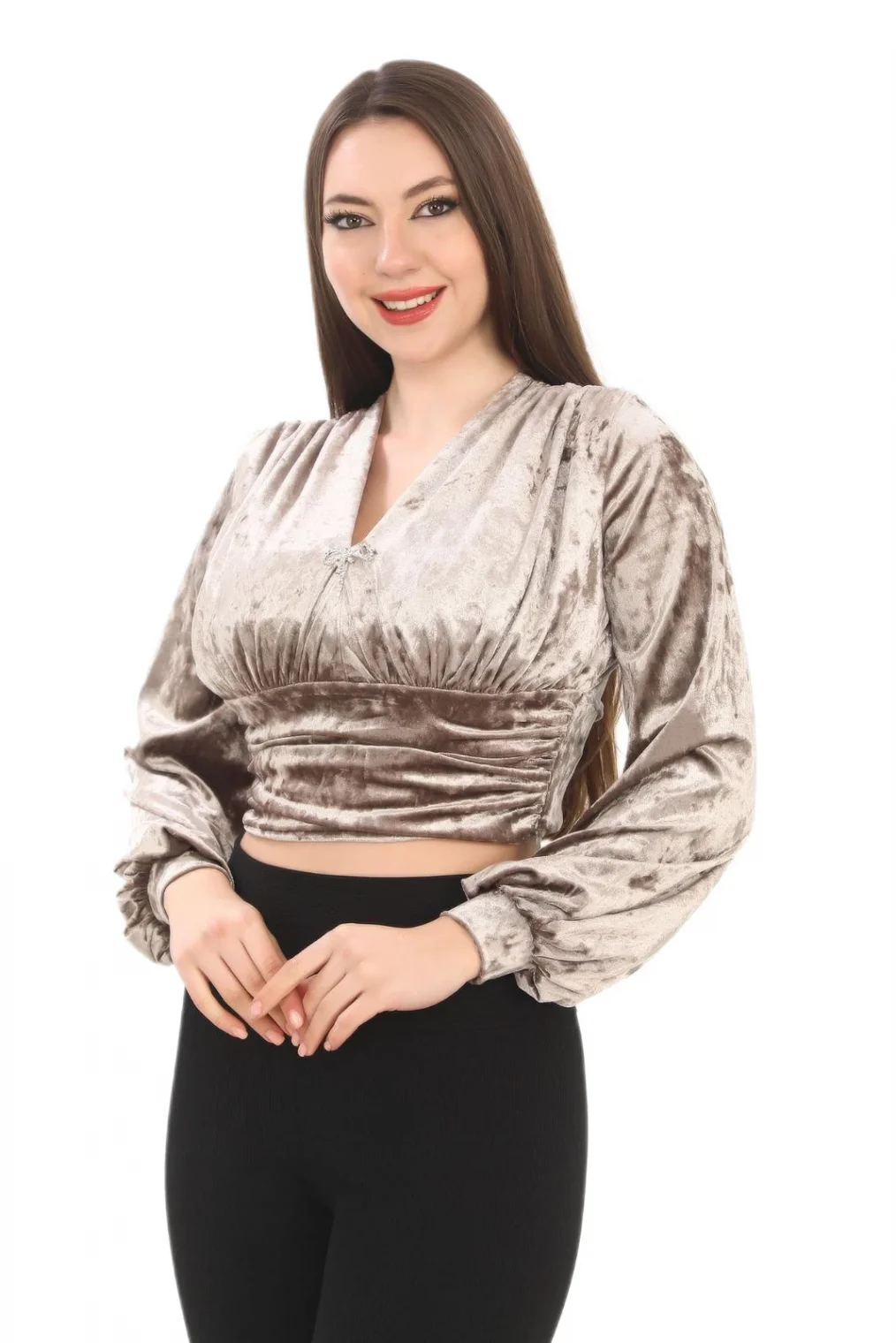 Broş Detaylı Kadife Crop 6007-Vizon