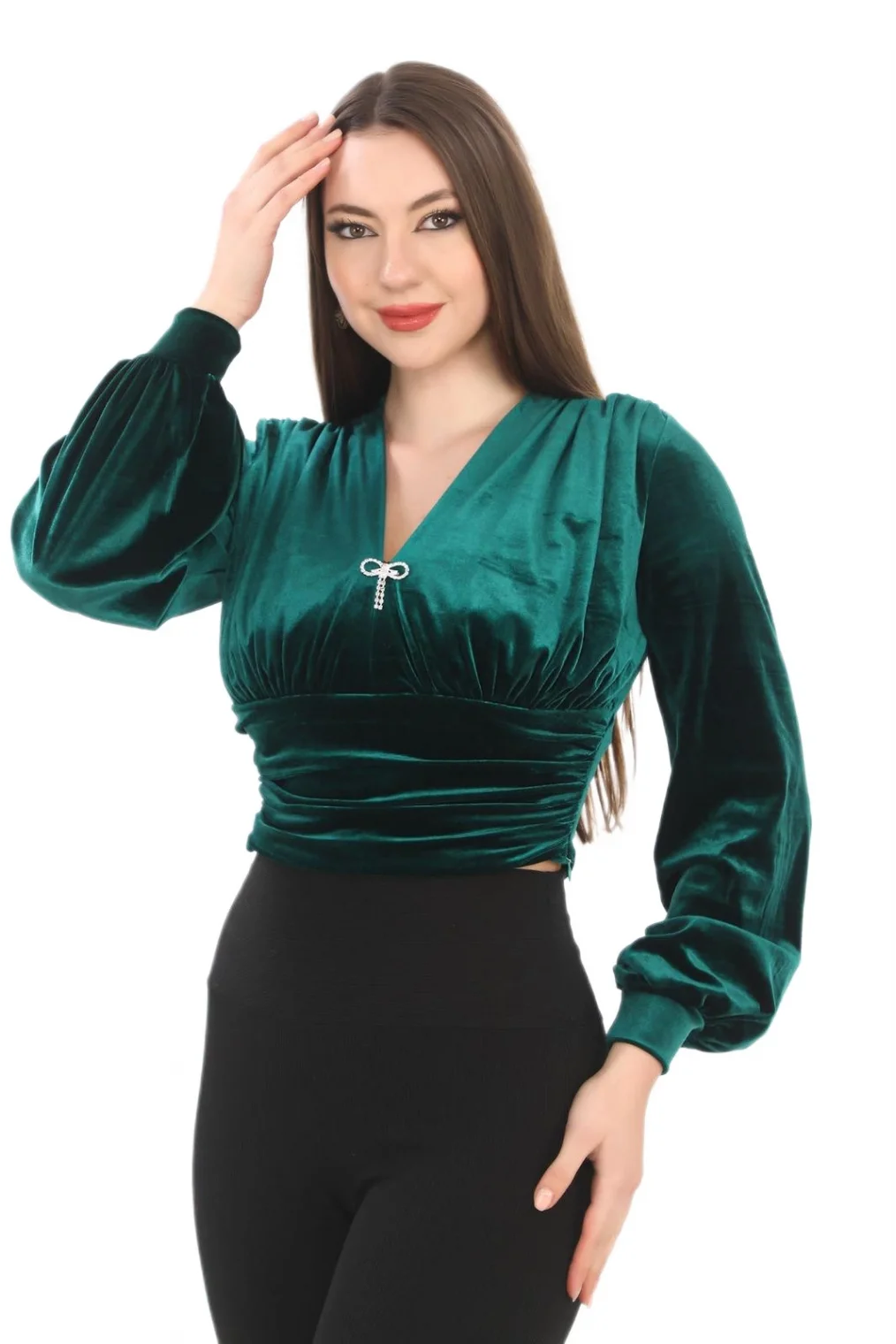 Broş Detaylı Kadife Crop 6007-Zümrüt Yeşili