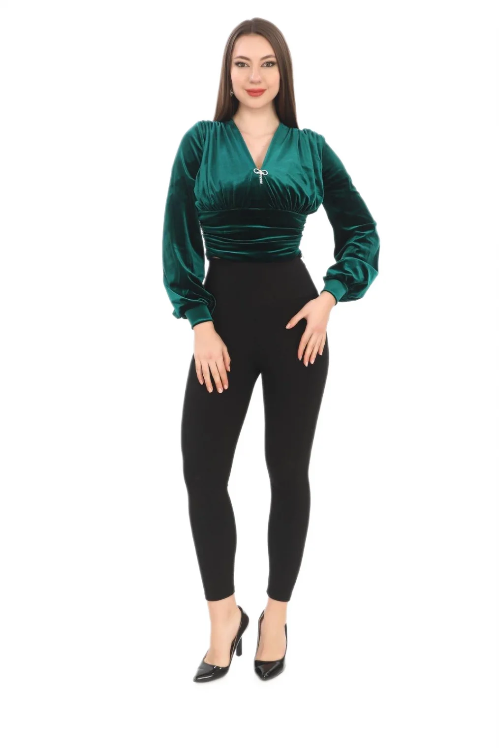 Broş Detaylı Kadife Crop 6007-Zümrüt Yeşili