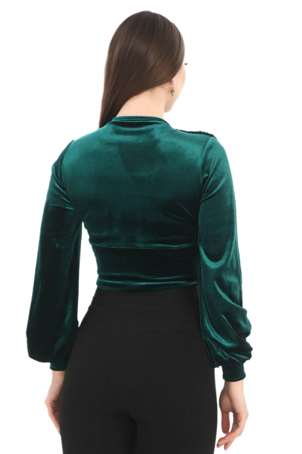 Broş Detaylı Kadife Crop 6007-Zümrüt Yeşili