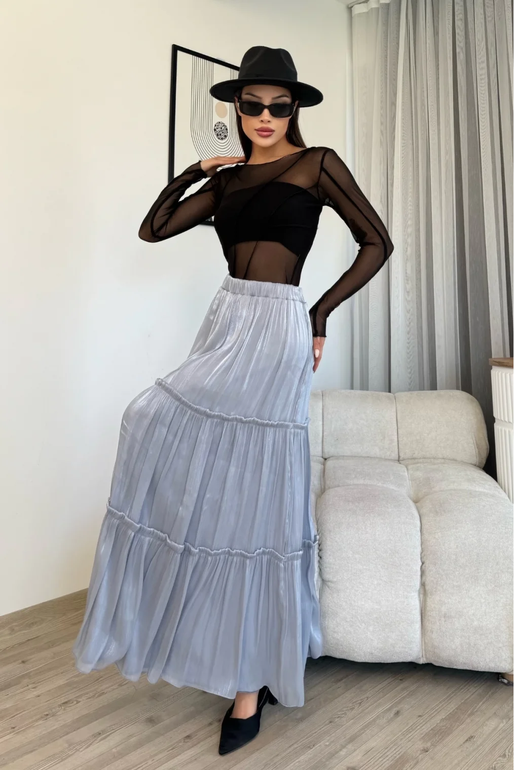 Büzgü Detaylı Beli Lastikli Etek 6005-Gri