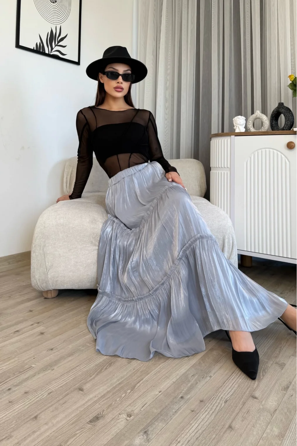 Büzgü Detaylı Beli Lastikli Etek 6005-Gri