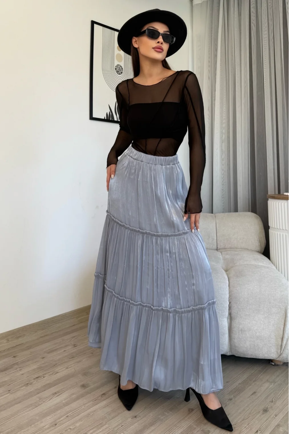 Büzgü Detaylı Beli Lastikli Etek 6005-Gri