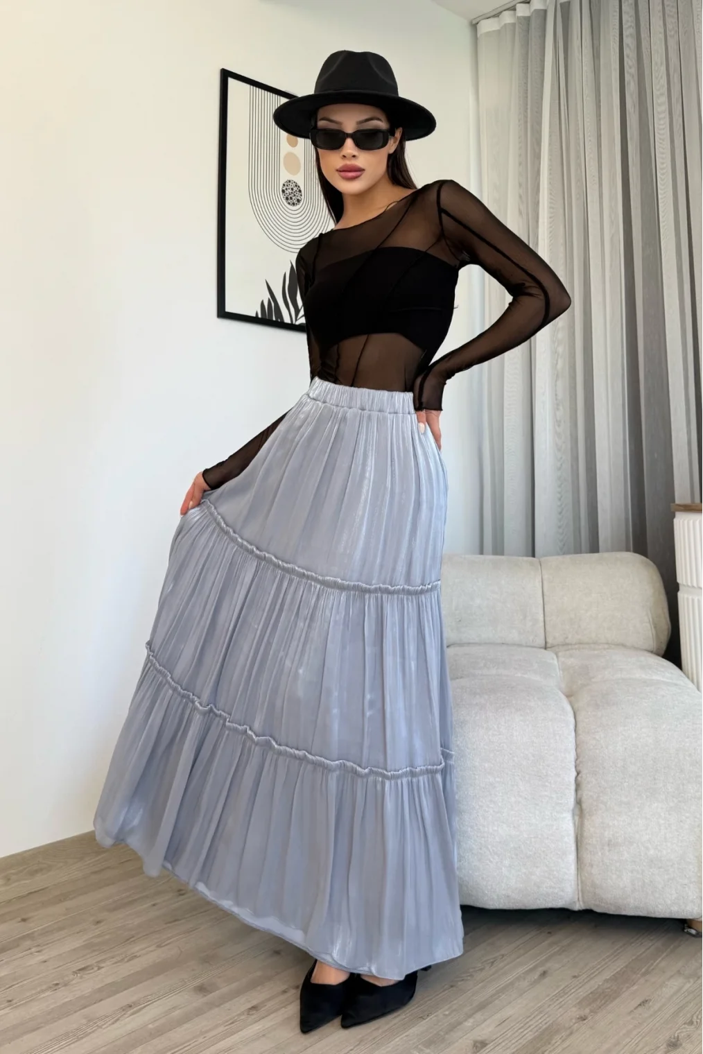 Büzgü Detaylı Beli Lastikli Etek 6005-Gri