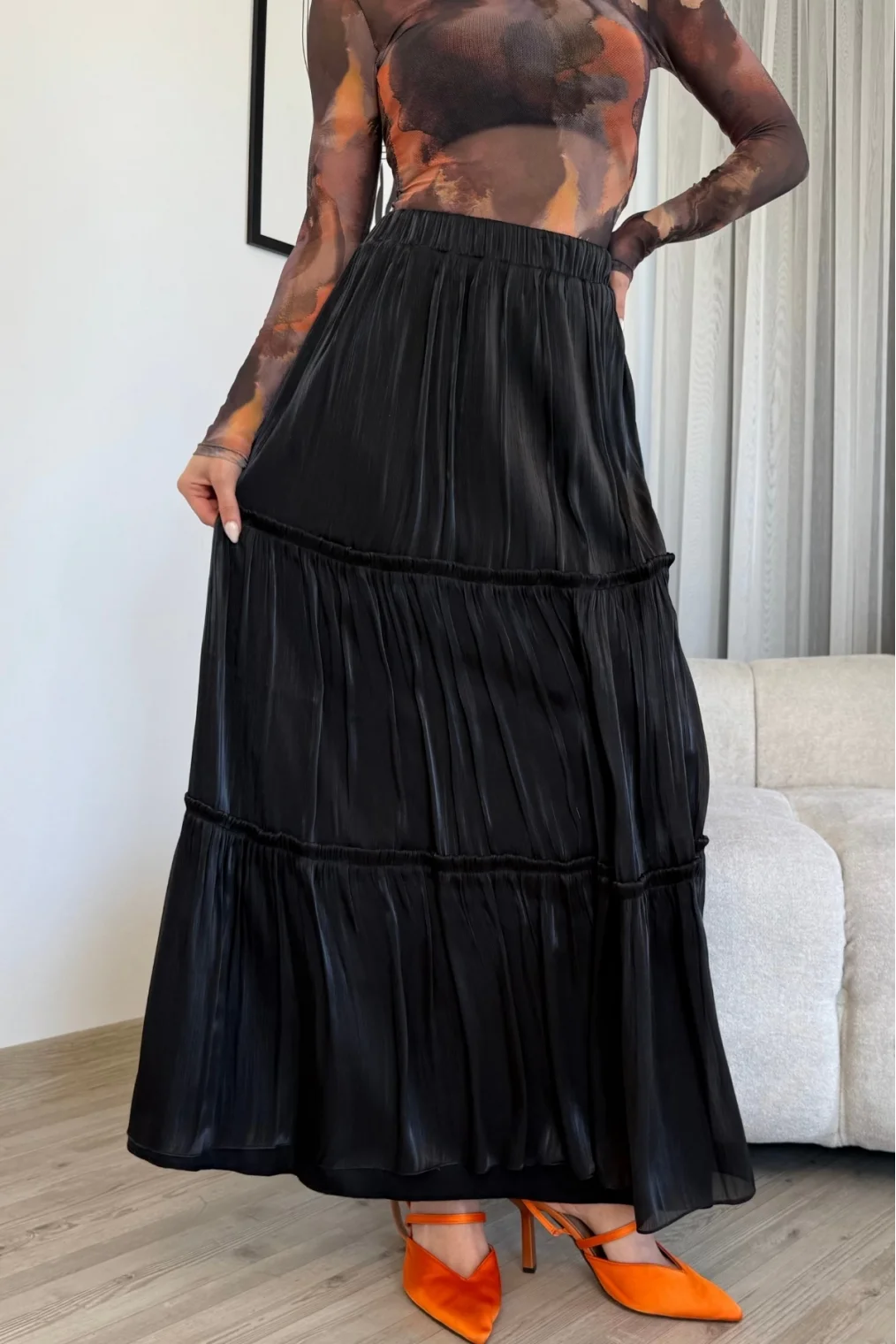 Büzgü Detaylı Beli Lastikli Etek 6005-Siyah