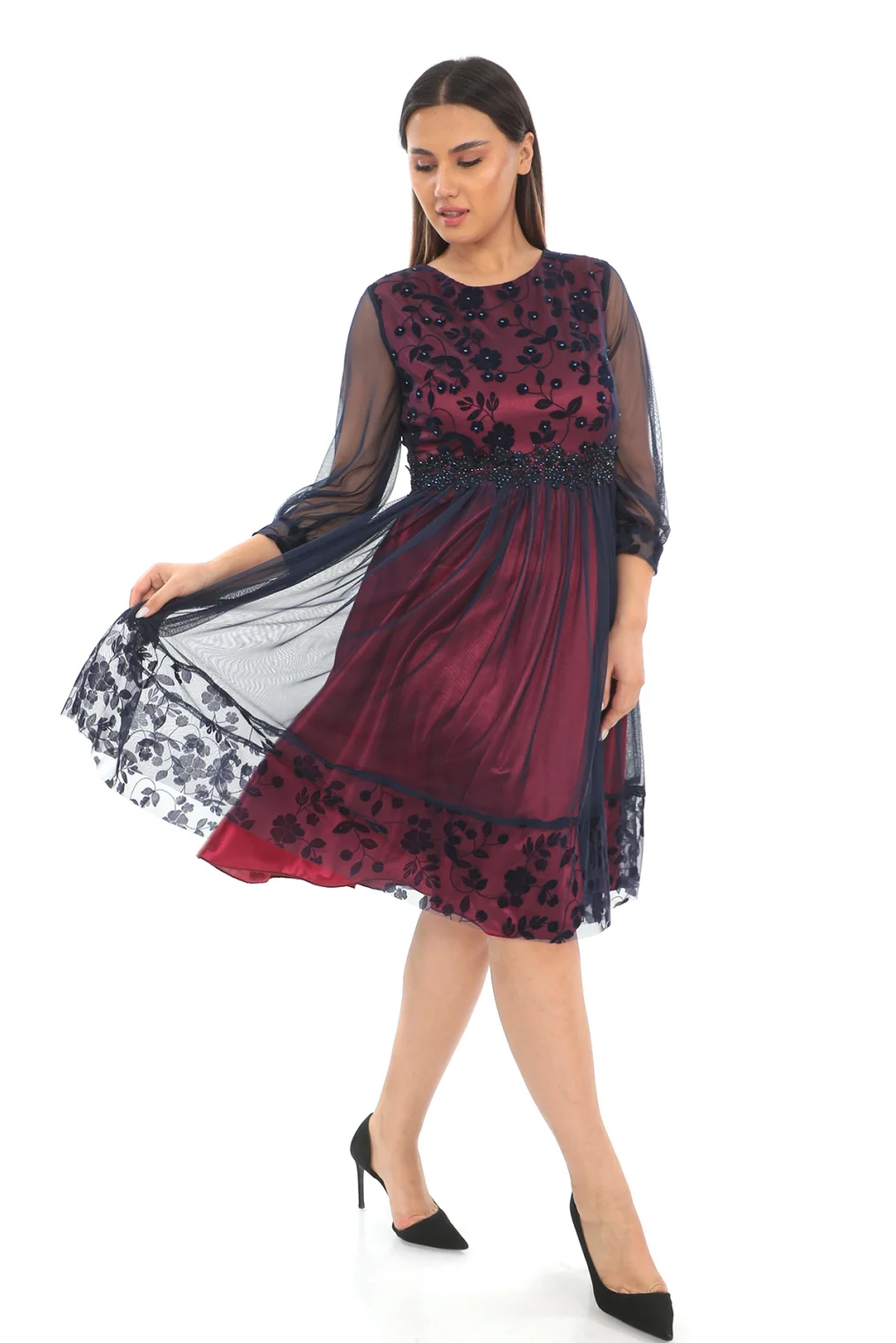 Büzgü Detaylı İnci Ve Taş Süslemeli Tül Büyük Beden Elbise 1625-BORDO
